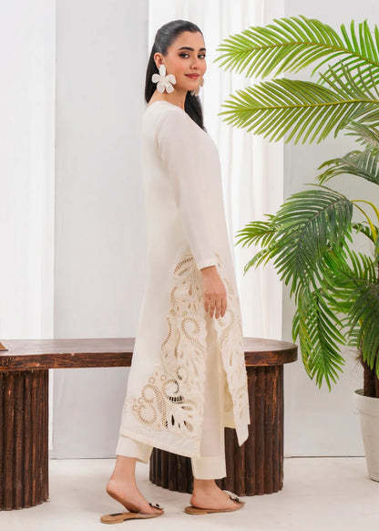 Pearl White Lawn Kurta Set with Laser Cutwork