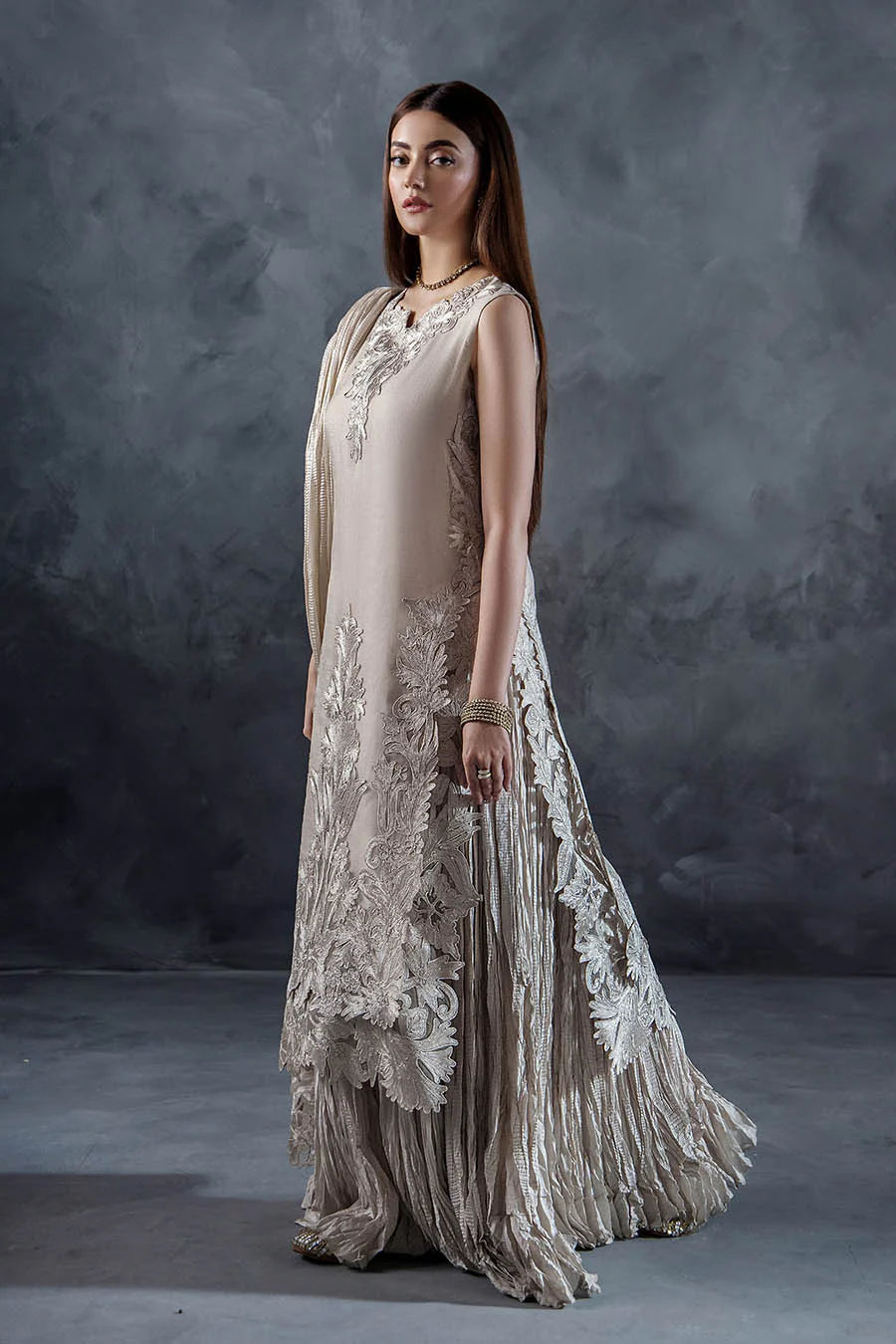 Hand Embroidered Light Grey Crushed Sharara