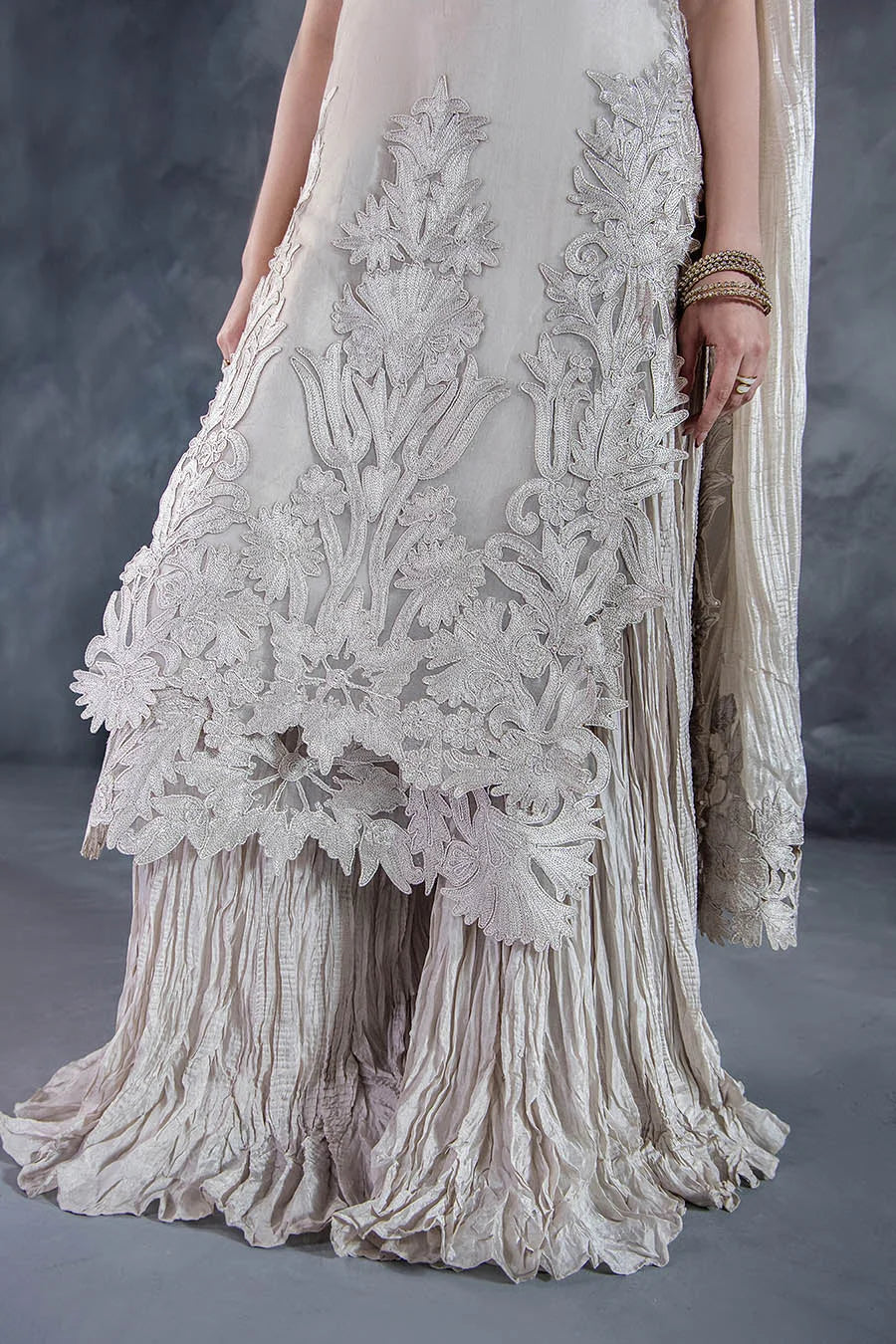 Hand Embroidered Light Grey Crushed Sharara