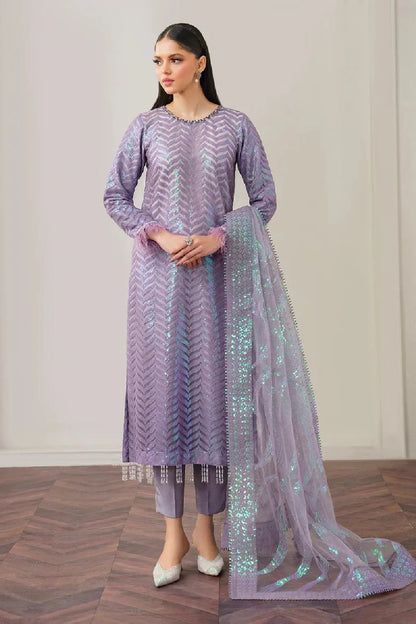Lilac Sequins Embroidered Suit with Handmade Neckline