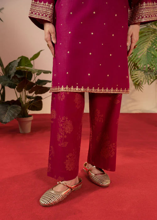 Raspberry Pink Embroidered Linen Kurta Set with Dupatta