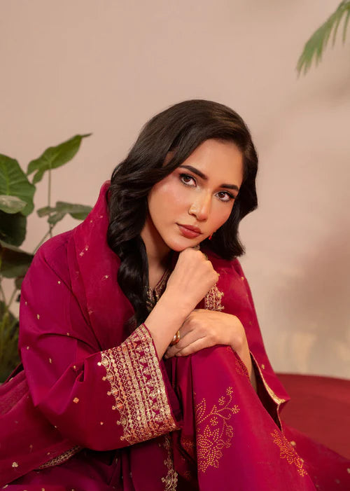 Raspberry Pink Embroidered Linen Kurta Set with Dupatta