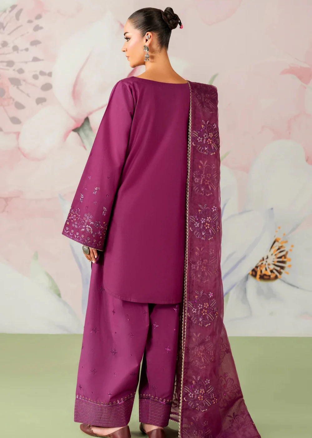 Plum Purple Linen Embroidered Kurta Set with Dupatta