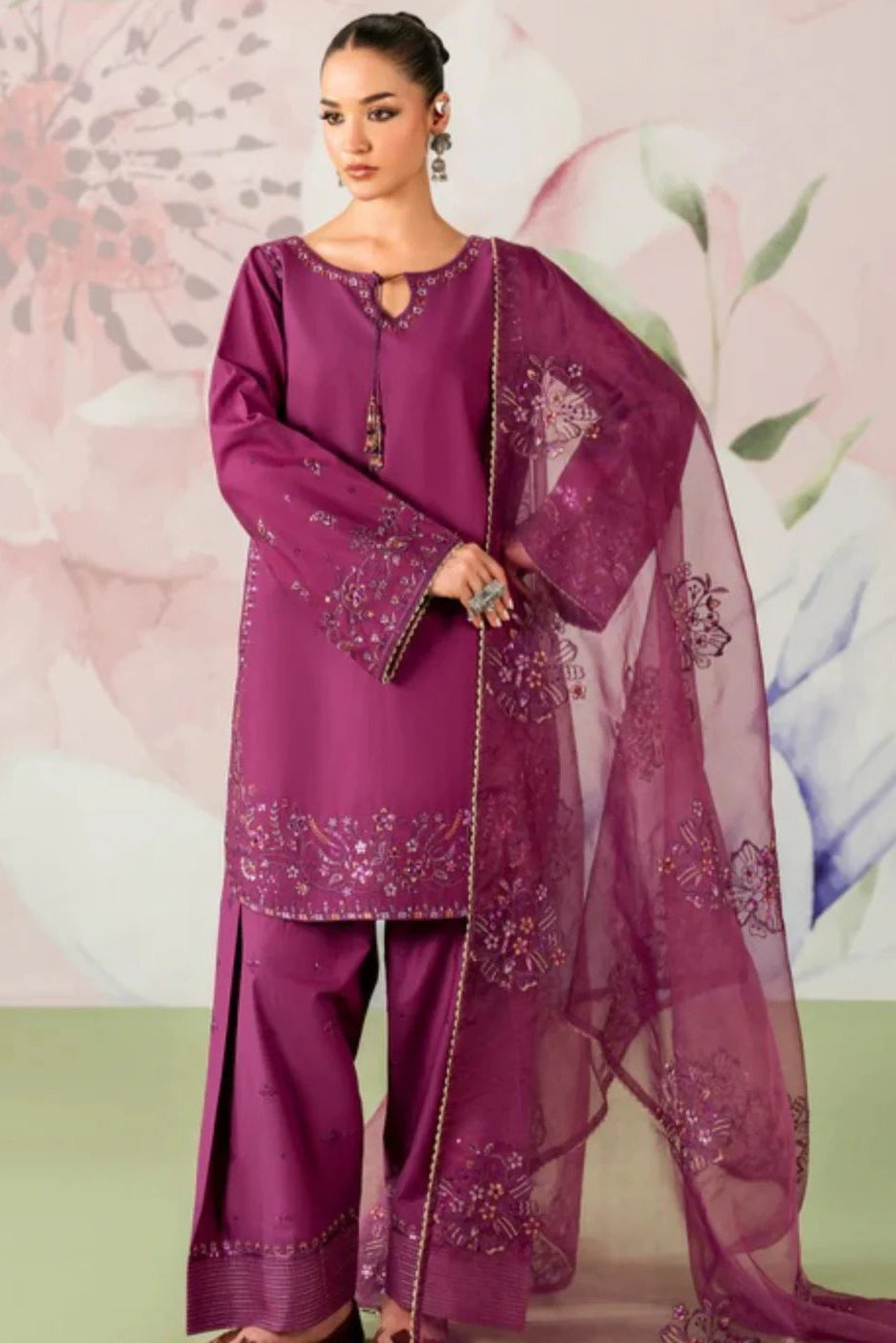 Plum Purple Linen Embroidered Kurta Set with Dupatta