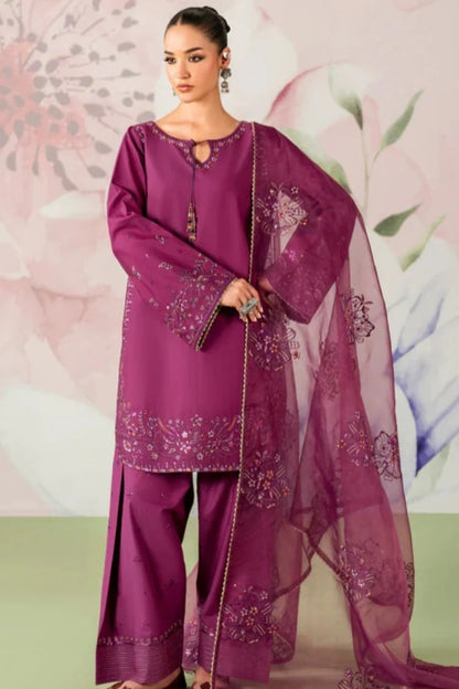 Plum Purple Linen Embroidered Kurta Set with Dupatta