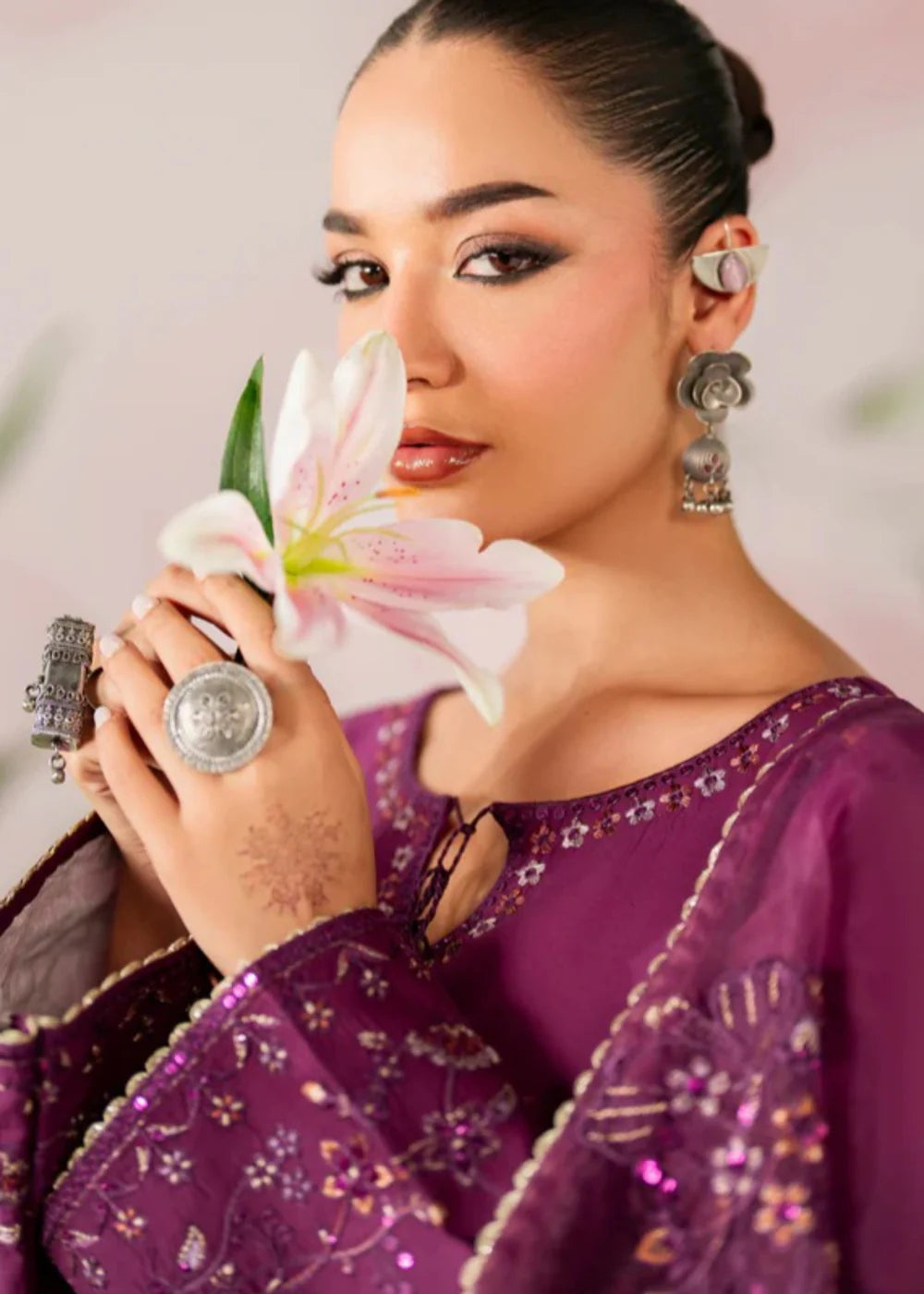 Plum Purple Linen Embroidered Kurta Set with Dupatta