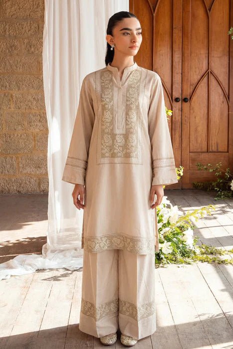 Beige Embroidered Linen Kurta Set