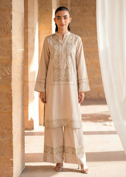 Beige Embroidered Linen Kurta Set