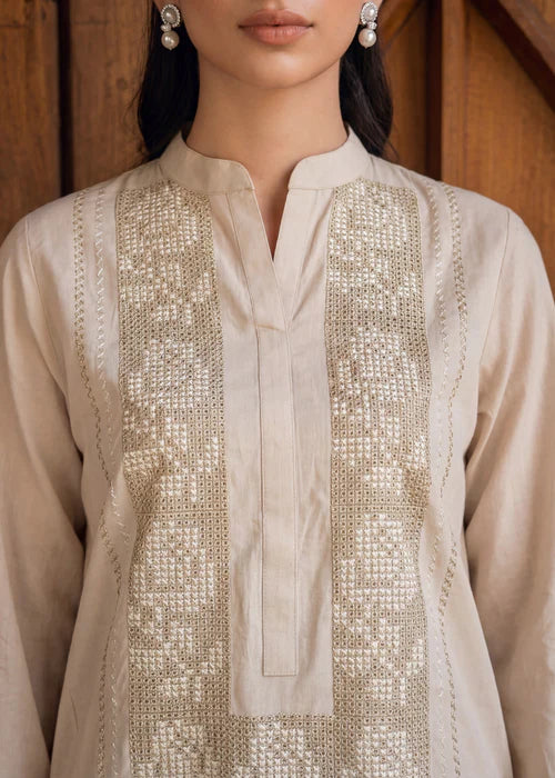 Beige Embroidered Linen Kurta Set