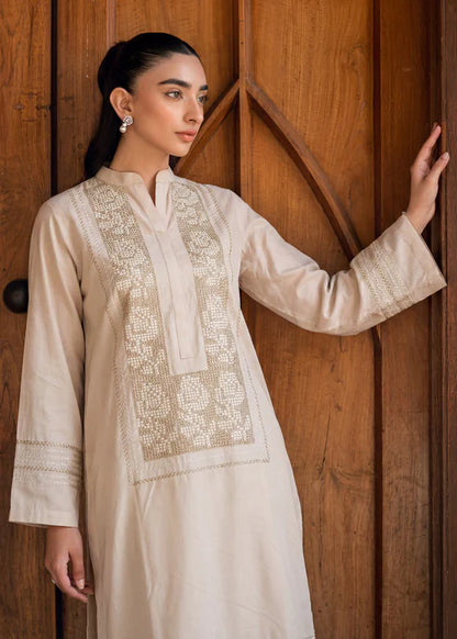 Beige Embroidered Linen Kurta Set