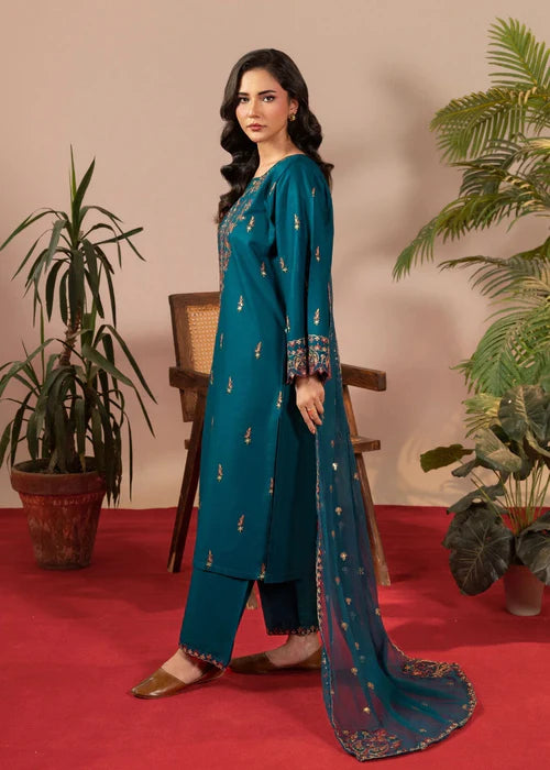 Teal Embroidered Winter Kurta Set with Dupatta