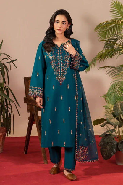 Teal Embroidered Winter Kurta Set with Dupatta