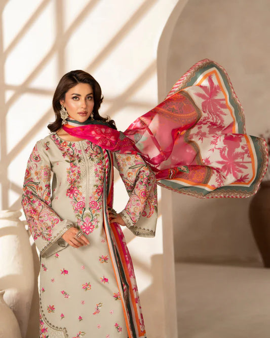 Almond Embroidered Pure Cotton Suit with Long Shirt