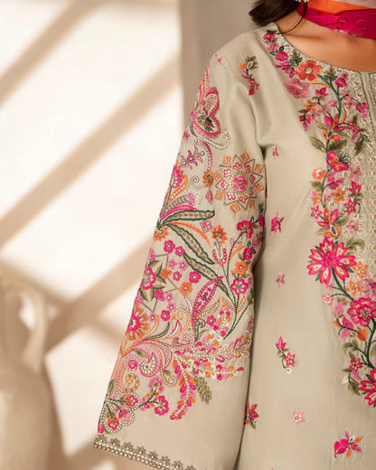 Almond Embroidered Pure Cotton Suit with Long Shirt