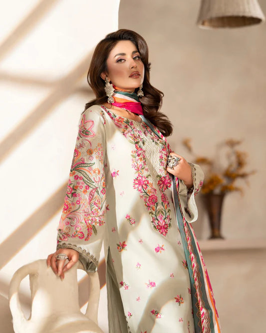 Almond Embroidered Pure Cotton Suit with Long Shirt