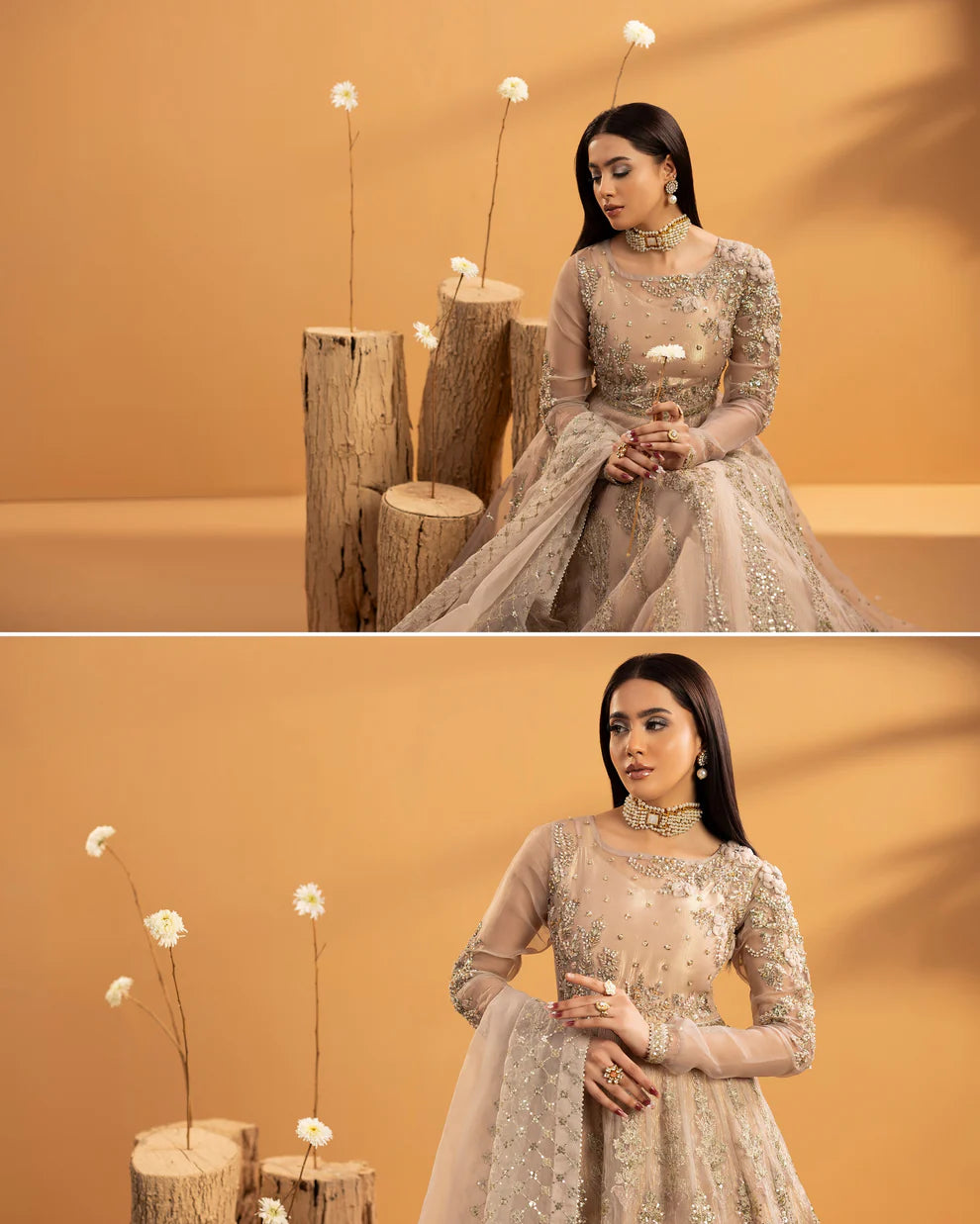 Powder Pink Embellished Organza Maxi