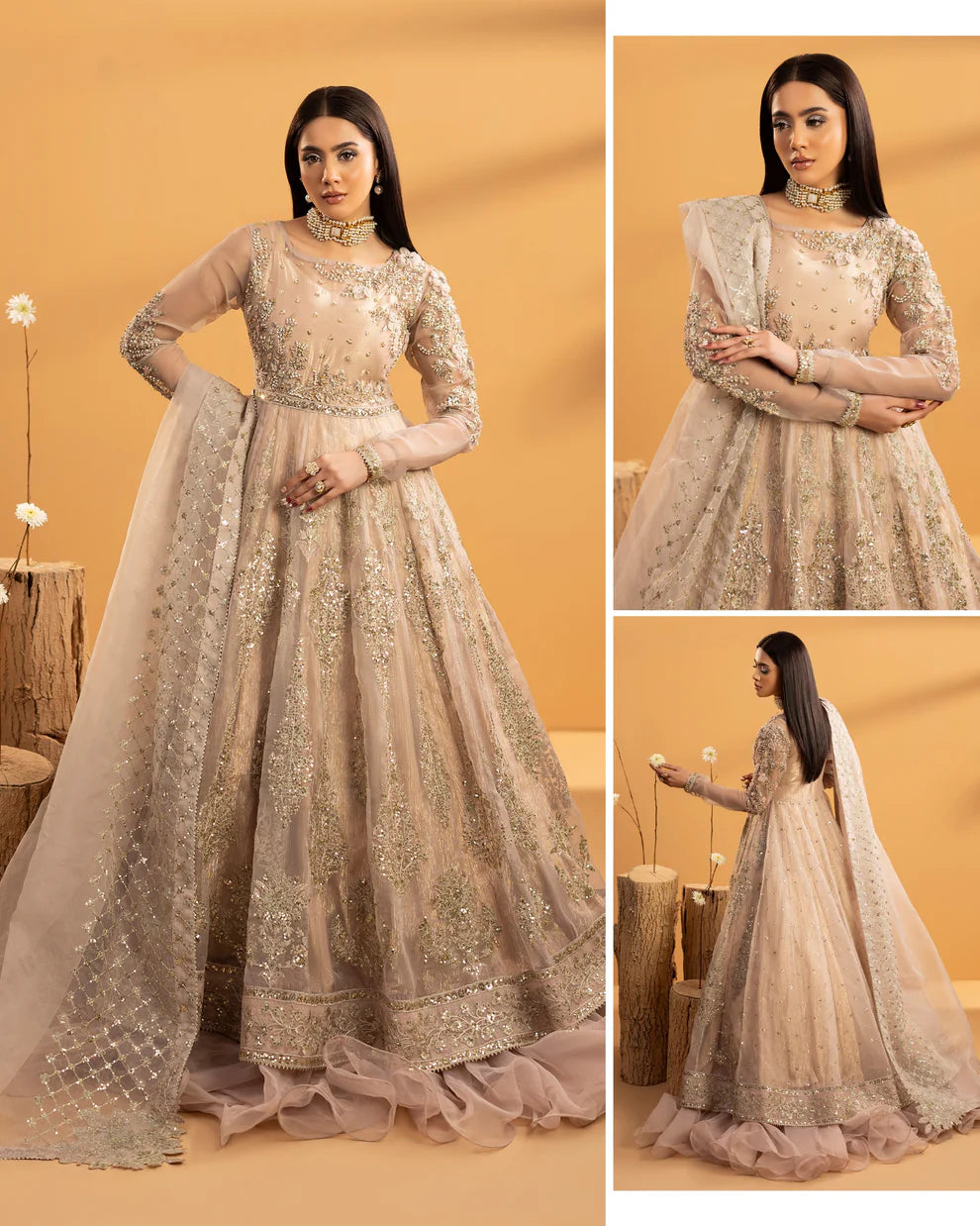Powder Pink Embellished Organza Maxi