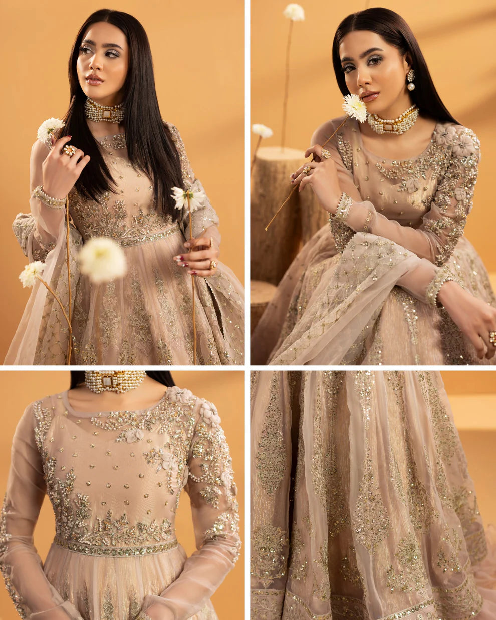 Powder Pink Embellished Organza Maxi