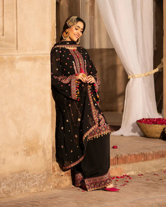Black Georgette Chiffon Embroidered Suit with Tassel Details