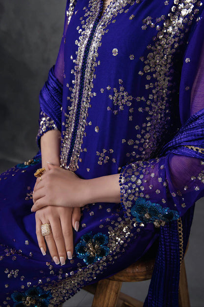 Hand Embroidered Royal Blue Crinkle Chiffon Designer Suit