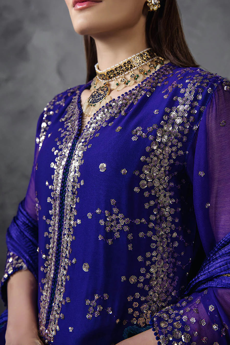 Hand Embroidered Royal Blue Crinkle Chiffon Designer Suit