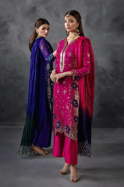 Hand Embroidered Royal Blue Crinkle Chiffon Designer Suit