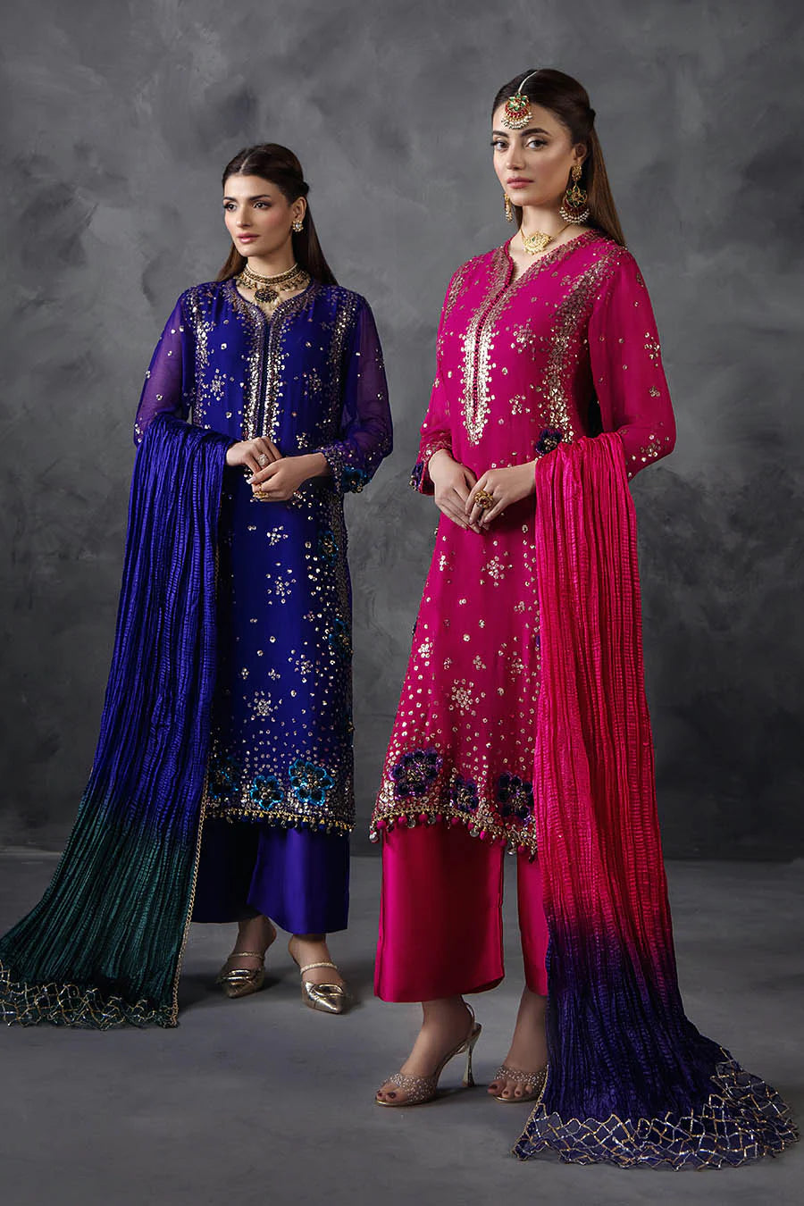 Hand Embroidered Royal Blue Crinkle Chiffon Designer Suit