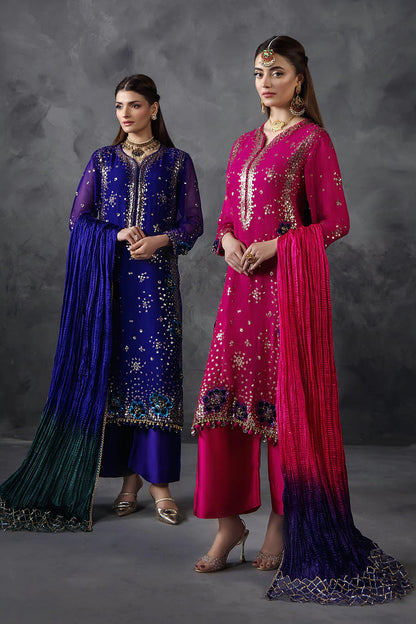 Hand Embroidered Royal Blue Crinkle Chiffon Designer Suit