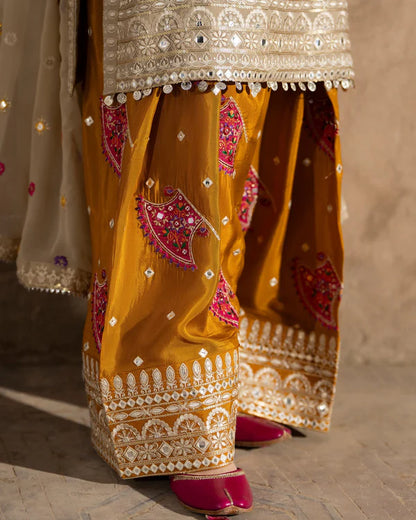 Beige & Mustard Farshi Shalwar Suit with Panni Work
