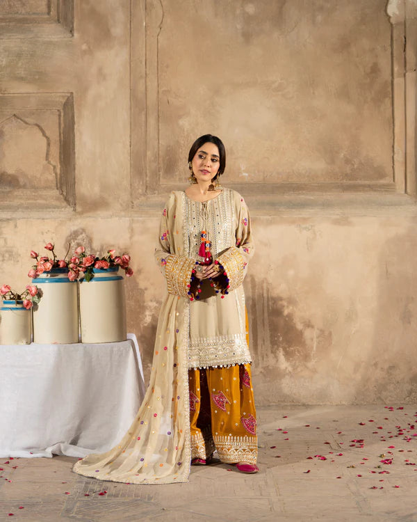 Beige & Mustard Farshi Shalwar Suit with Panni Work