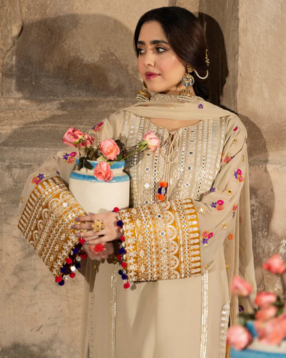 Beige & Mustard Farshi Shalwar Suit with Panni Work