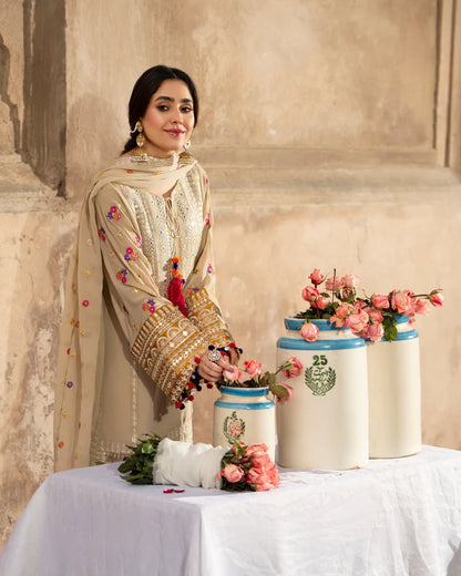 Beige & Mustard Farshi Shalwar Suit with Panni Work