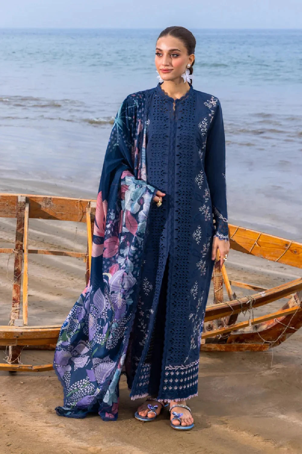 Navy Blue Heavy Embroidered Chikankari Luxury Lawn Suit