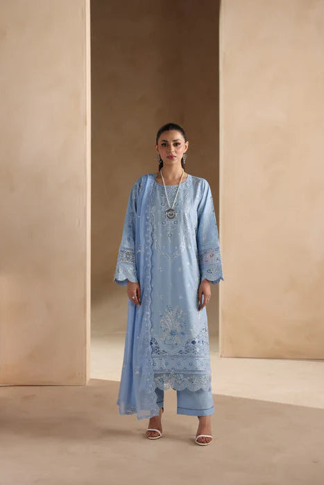 Sky Blue Embroidered Luxury Lawn Suit with Chiffon Dupatta
