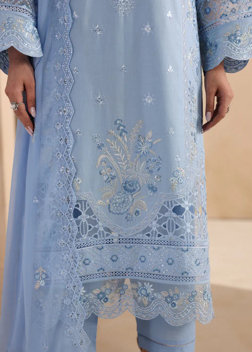 Sky Blue Embroidered Luxury Lawn Suit with Chiffon Dupatta