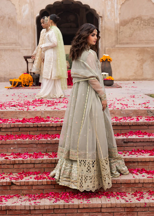 Sage Green Embellished Organza A-Line Shirt with Sharara