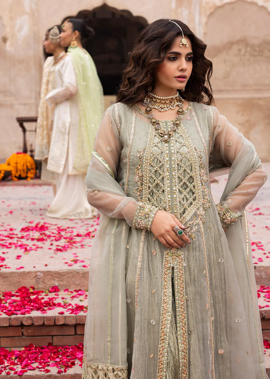 Sage Green Embellished Organza A-Line Shirt with Sharara