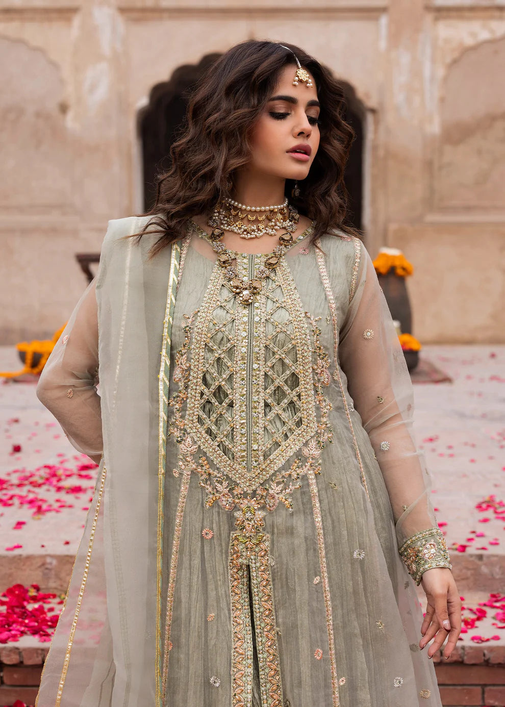Sage Green Embellished Organza A-Line Shirt with Sharara