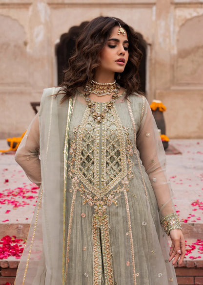 Sage Green Embellished Organza A-Line Shirt with Sharara