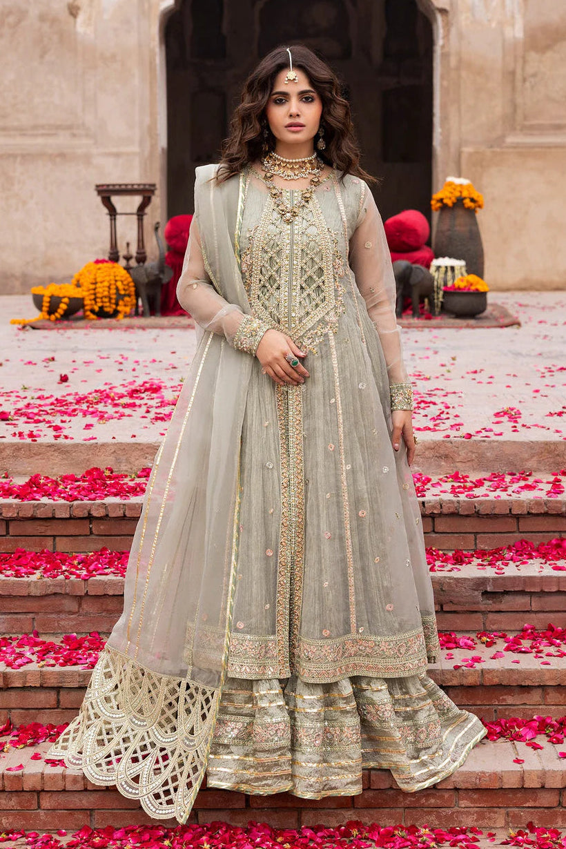 Sage Green Embellished Organza A-Line Shirt with Sharara