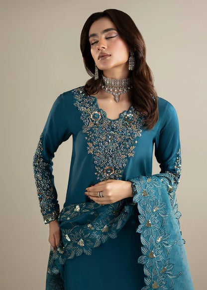 Teal Embellished Raw Silk Suit