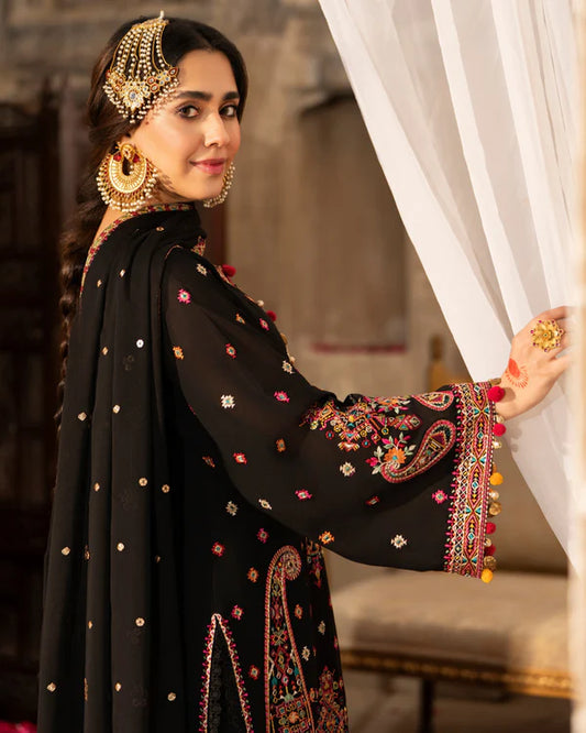 Black Georgette Chiffon Embroidered Suit with Tassel Details