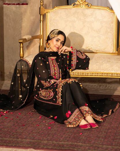 Black Georgette Chiffon Embroidered Suit with Tassel Details