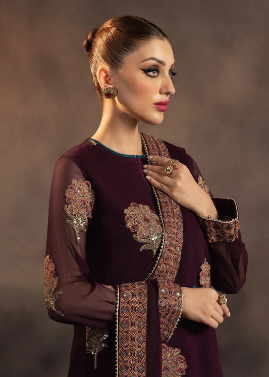 Plum Chiffon Embroidered Partywear Suit Size Small