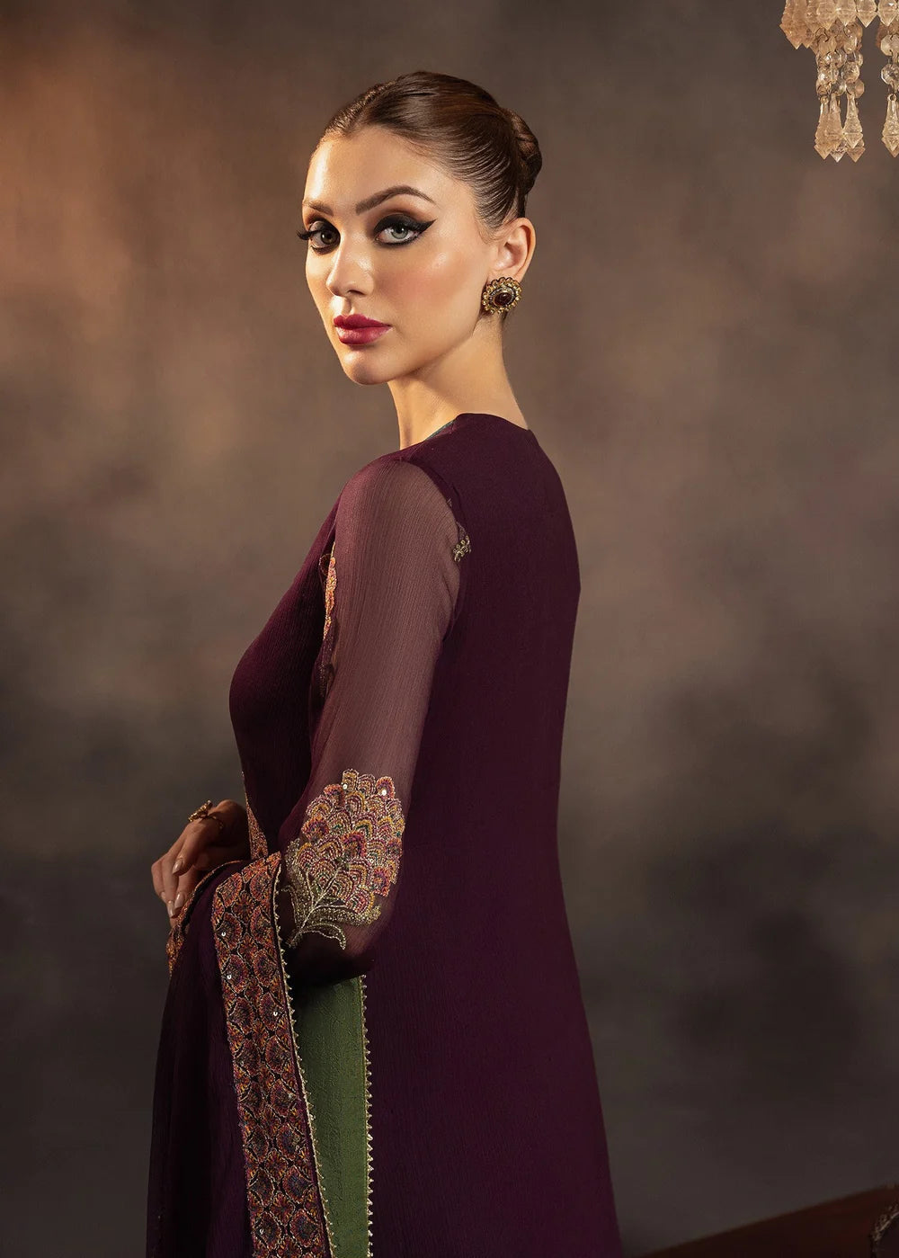 Plum Chiffon Embroidered Partywear Suit Size Small