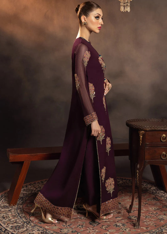 Plum Chiffon Embroidered Partywear Suit Size Small