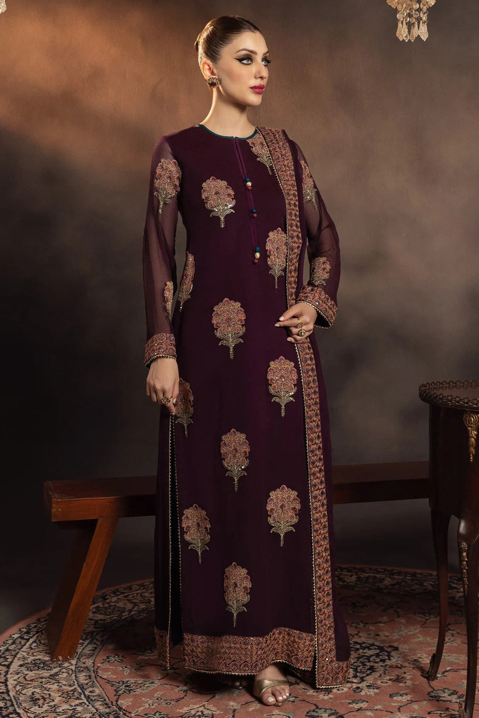 Plum Chiffon Embroidered Partywear Suit Size Small