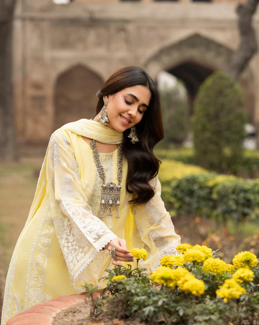 Lemon Yellow Embroidered Georgette Suit