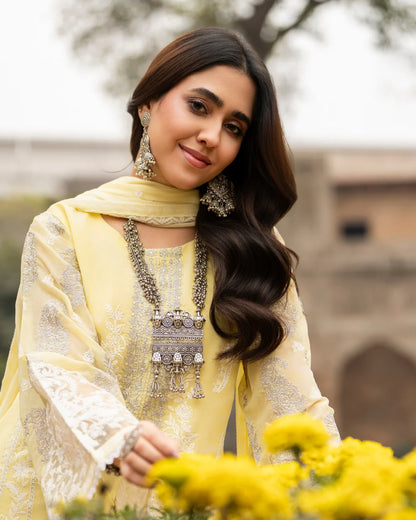 Lemon Yellow Embroidered Georgette Suit
