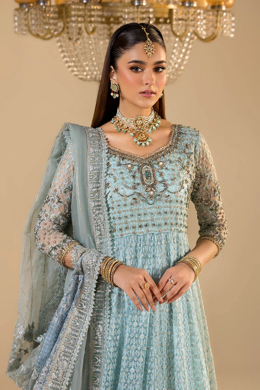 Hand Embroidered Sky Blue Anarkali Peshwas